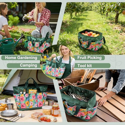 Waterproof Garden Tool Bag, 600D Oxford Portable Gardening Tote with Handle & Multi Pockets, Ideal Gifts for Parents Women (Green, Tools Not Included) - color: Green