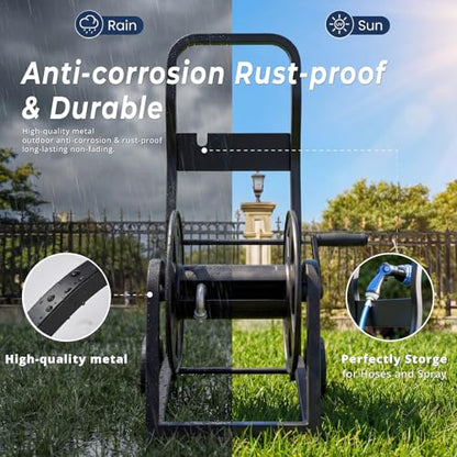 Garden Hose Reel Cart, Heavy Duty Metal Water Hose Cart with Wheels, Holds 200FT x 5/8" Hose, Leak-Proof Aluminum Water System, Anti-Burst Wheels, Ergonomic Crank, Outdoor Rust-Resistant