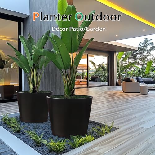 Heyzier Wide Planters for Outdoor Plants, Extra Large Indoor Flower Pots for Garden, Front Porch, Patio - Round Resin Planter Set of 2 (Black, 16" D x 13" H) - size: 16" D x 13" H