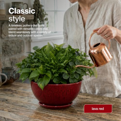 Rosie Planter Bowl, with Drainage and Saucer, 10” Lava Red - color: Lava Red