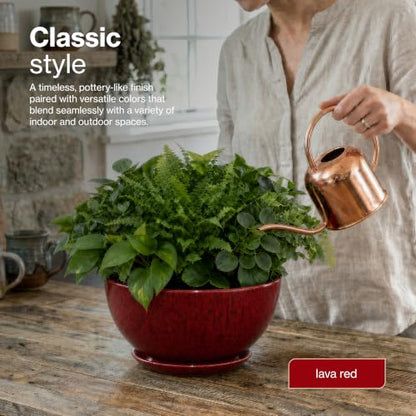 Rosie Planter Bowl, with Drainage and Saucer, 10” Lava Red - color: Lava Red