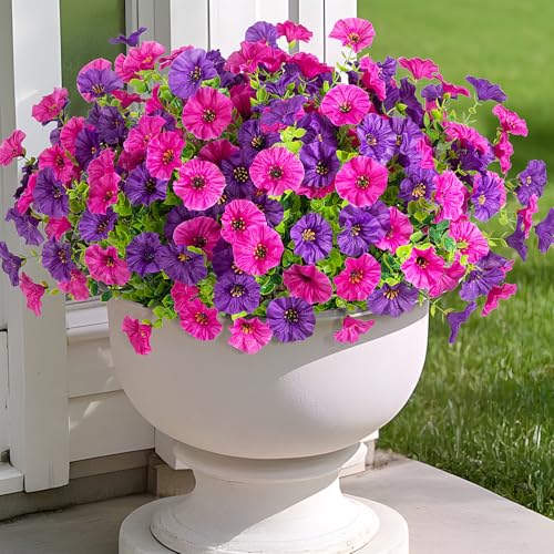 Hrobek Artificial Flowers for Outdoors Faux Petunias Plants UV Resistant - color: Dark Purple Light Purple