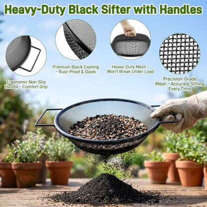 Mulctun 4Pcs Soil Sifter with Handles,Heavy Duty Dirt Sifter for Gardening - color: Black, size: 4 Pcs (2,4,6,8mm grid)