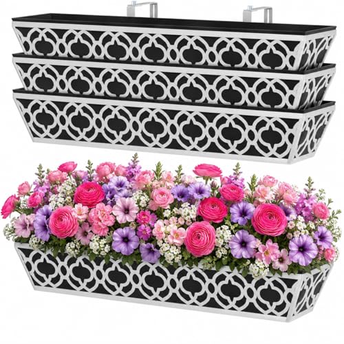 Y&M 4Pack 30'' Metal Railing Planter Box Set with Black Non-Woven Fabric Liner, Large Flower Boxes with Adjustable Brackets, Window Boxes Outdoor Hanging Planter for Fence, Deck, Balcony, and Garden - size: Flower 30in 4P-Gray
