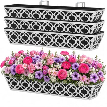 Y&M 4Pack 30'' Metal Railing Planter Box Set with Black Non-Woven Fabric Liner, Large Flower Boxes with Adjustable Brackets, Window Boxes Outdoor Hanging Planter for Fence, Deck, Balcony, and Garden - size: Flower 30in 4P-Gray