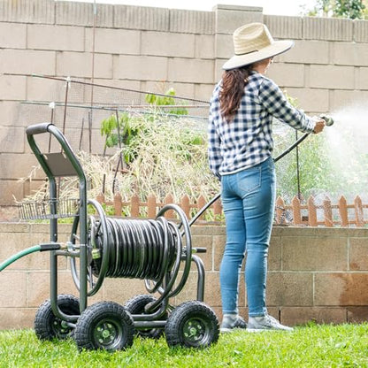 XtremepowerUS 4-Wheel Garden Hose Reel Cart with Storage Basket, Portable Residential Hose Reel Cart, Lawn Watering, for Garden Farm & Backyard