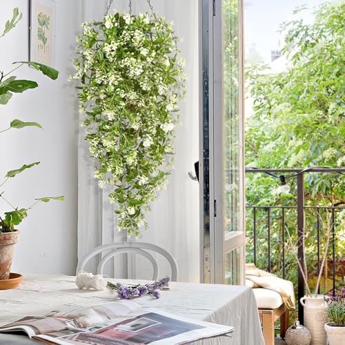 Waipfaru 4pcs Fake Hanging Plants, Faux Ivy Fake Vines Greenery - color: White Flowers, size: 4Pcs Plants