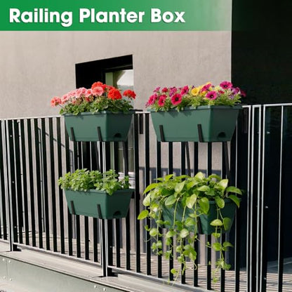 4 Pcs Hanging Flower Pots, 16.9 Inches Railing Planter Box, Green - color: Green
