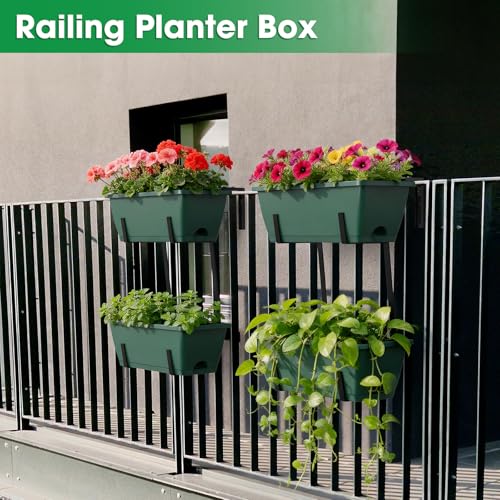 4 Pcs Hanging Flower Pots, 16.9 Inches Railing Planter Box, Green - color: Green