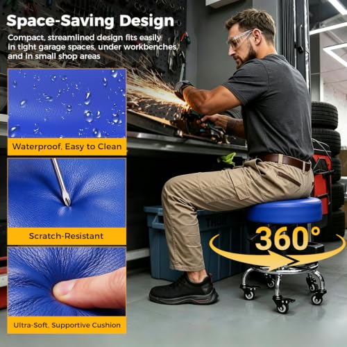Rolling Shop Stool with Wheels,Mechanics Garage Work Stool,Blue - color: Blue