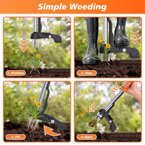Stand Up Weed Puller Tool - 4-Claw Steel Head Hand Weeding Tool - 40" Retractable Handle with Easy-Eject Mechanism for Dandelions, Clover, No Bending or Kneeling