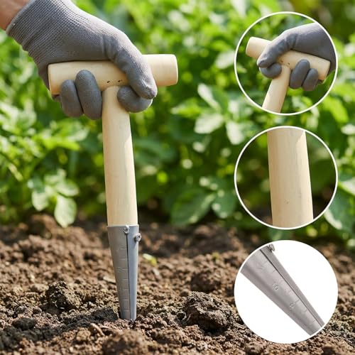 T-Shaped Garden Seed Dibber with Depth Measurements - Stainless Steel Bulb Planter Tool with Wooden Handle for Planting Seeds, Bulbs, Tulips, Daffodils & Flowers, Perfect Gardening Hole Digger