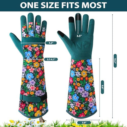 Gardening Gloves for Women, Long Garden Gloves with Grip, Thorn-Proof, Gift - color: Dark Green - Flower Leaf