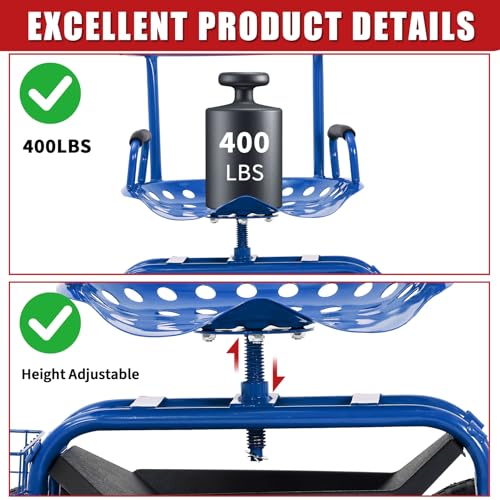 Rolling Garden Cart with Seat, Garden Workseat with 360-Degree Swivel - color: Blue+backrest