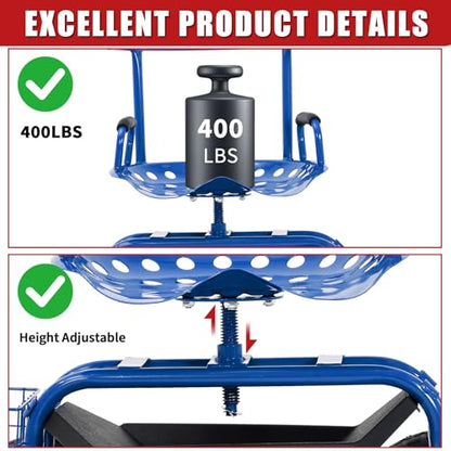 Rolling Garden Cart with Seat, Garden Workseat with 360-Degree Swivel - color: Blue+backrest
