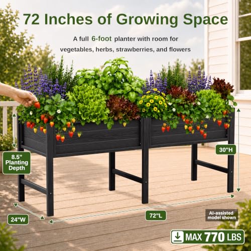 YEFU 72" Large Raised Garden Bed, Wood-Look HIPS 6ft Extra Large Bed, Black - color: Black, size: 72"×24"×30"
