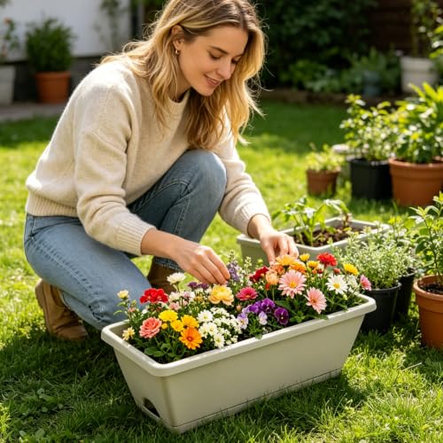 12 Pack Window Box Planter Rectangular Vegetable Flower Planters with Drainage Holes Saucers Plastic Flower Pots Planter for Indoor Outdoor Patio Garden Decor