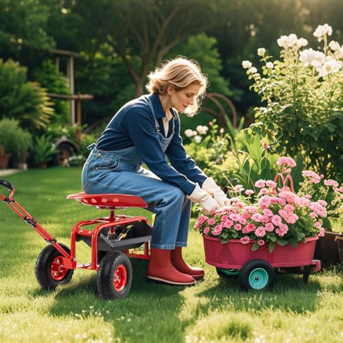 Garden Seat with Wheels, Rolling Stool with Extendable Handle, Storage Basket & Tool Tray, Garden Scooter with 360 Degree Swivel Seat for Outdoor & Yard (Red) - color: Red