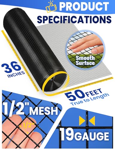 Black PVC Vinyl Coated Wire Mesh Hardware Cloth 1/2 in 36”x50’ 19 Gauge, Welded Wire Fencing Chicken Wire Mesh Roll Cage Wire Netting… - size: 1/2" 36" x 50'