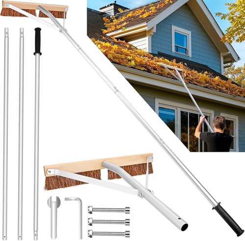 Leaf Roof Brush and Roof Rake, Adjustable Length Roof Cleaning Tool, Remove Roof Leaves Safely, with Natural Brush Head, Lightweight, Easy to Use & Store (21 ft)