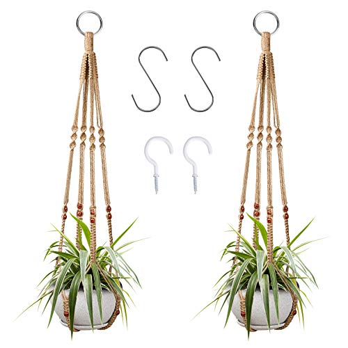 Augshy 2 Pcs Plant Hangers Hanging Plant Holder for Indoor Outdoor Decor Macrame Hanging Planter Basket with 4 Hooks(35 Inch) - color: Brown, size: 35 Inches