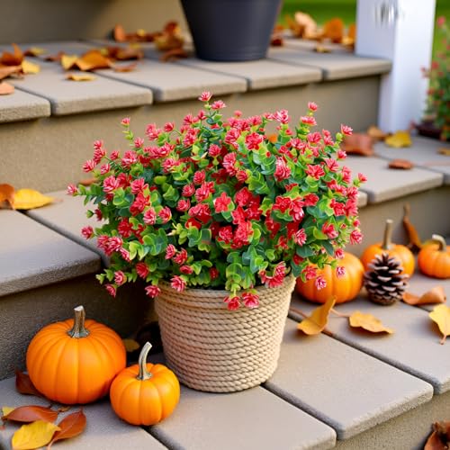 Artificial Flowers for Outdoors, 12 Bundles UV Resistant Realistic Faux Plants for Outside Porch Planter, Spring Summer Home Garden Decoration, Red - color: Red