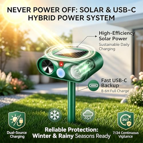4Pack Upgraded Ultrasonic Deer Repellent for Plants Solar Animal Repellent Outdoor with Motion Sensor Strobe Light for Rabbit Cat Deterrent Raccoon Squirrel Fortress Pro Keep Deer Out of Yard Garden