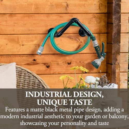 MyGift Black Metal Pipe Garden Hose Holder, Wall Mounted Hose Rack - color: Black
