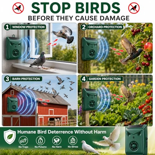 2026 Solar Bird Repellent Devices Outdoor Ultrasonic Bird Repeller Deterrents for Outside,Woodpecker Deterrent for House,USB Charging & Waterproof Pigeon Goose Bird Scare Devices for Garden,2 Pack