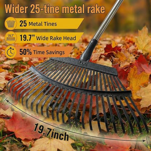 Metal Bow Leaf Rake with 25 Steel Teeth & 68" Stainless Steel Handle - size: 68-IN
