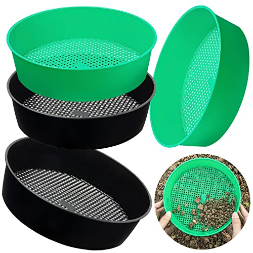 4 Pack Garden Soil Compost Sifter Round Plastic Sand Sieve, Sifting Pan Set