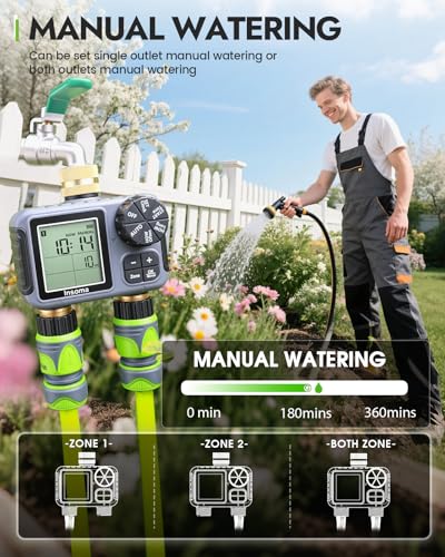 Insoma 2-Zone Sprinkler Timer with Brass Inlet & Outlet, Water Timer for Garden Hose with Auto/Manual/Rain Delay Mode, Big LCD Display, Easy Setup Hose Timers for Lawn, Garden, Vacation Watering - size: 2 Zone-V2.0-Brass