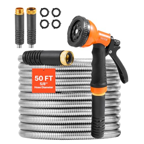 VEVOR Garden Hose Metal 50FT – Heavy Duty Stainless Steel Water Hose, Flexible, No Kink & Tangle, Puncture Resistant & Rust Proof, Lightweight w/ 10-Function Spray Nozzle for Yard, Outdoor, Gardening - size: 50 ft with 10 Function Spray Nozzle