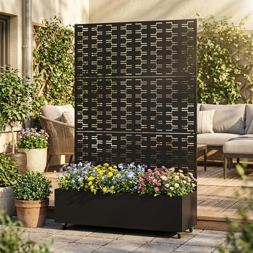 Metal Raised Garden Bed with Trellis and Wheels, 71"x47"x16" (Black-Brick) - color: Black-brick, size: 71"x47"x16"