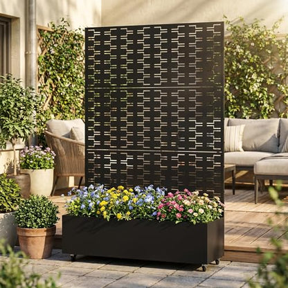 Metal Raised Garden Bed with Trellis and Wheels, 71"x47"x16" (Black-Brick) - color: Black-brick, size: 71"x47"x16"