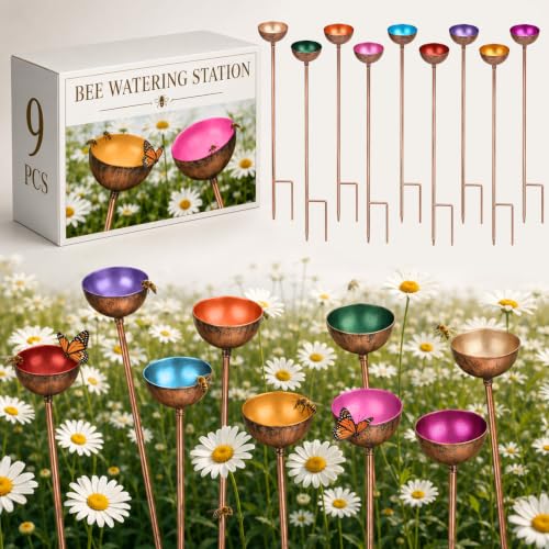 Teenyyou 9 Pcs Bee Watering Station for Garden Metal Watering Cup, Colorful - color: Colorful