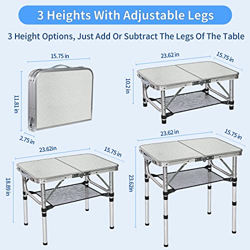 Small Folding Table with Storage Net, 24" x 16" Portable Foldable Camping Table with 3 Adjustable Height, White Metal Table for Beach, Patio, BBQ