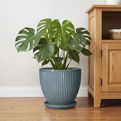 10 Inch Plant Pot, Ceramic Flower Pots with Saucer, Glaze Blue - color: Glaze Blue, size: 10 Inch
