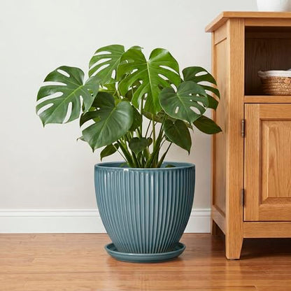 10 Inch Plant Pot, Ceramic Flower Pots with Saucer, Glaze Blue - color: Glaze Blue, size: 10 Inch