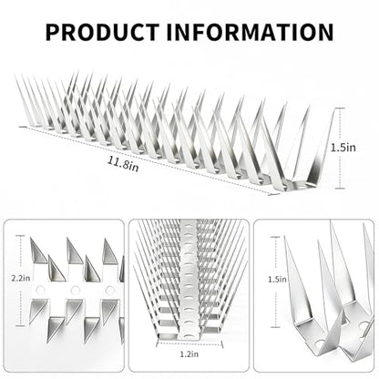 Bird Spikes, 6M Stainless Steel Bird Deterrent Spikes for Outside, Pigeon and Small Bird Control, Easy to Install Fence Roof Window Spikes, 20 Strips 20 Feet Coverage - size: 20 Feet