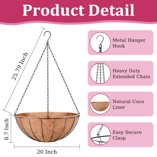 Halatool 20 Inch Large Hanging Baskets for Plants Outdoor with Coco Liner