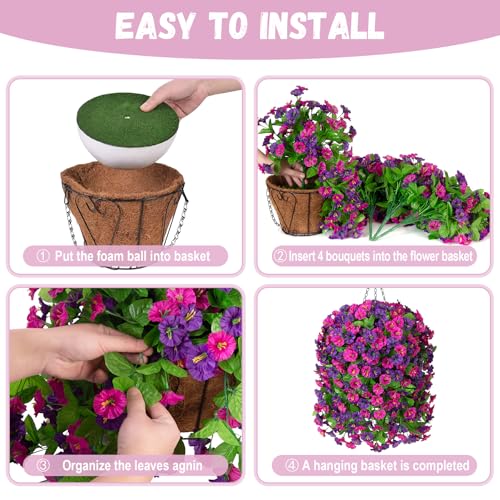 Artificial Flowers with Hanging Basket, Outdoor Faux Plants UV Resistant - color: Purple Red Violet