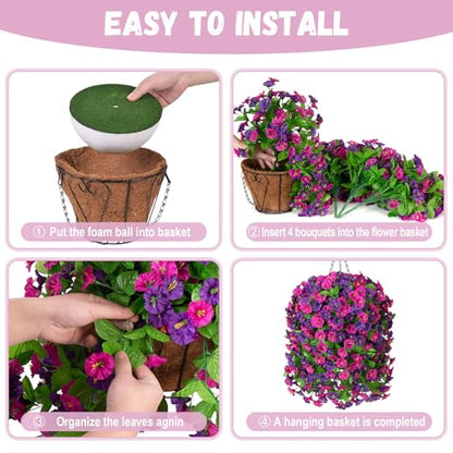 Artificial Flowers with Hanging Basket, Outdoor Faux Plants UV Resistant - color: Purple Red Violet