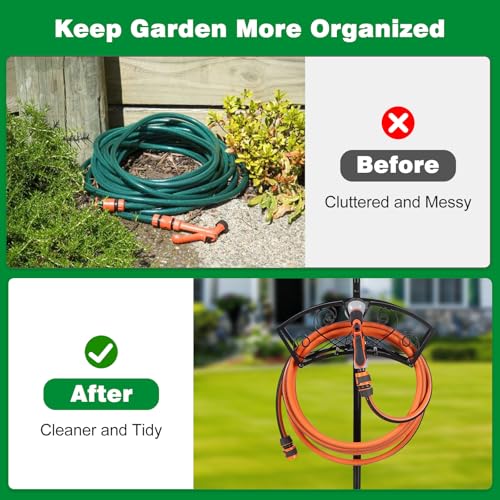 Upgraded Garden Hose Holder, Freestanding Water Hose Holder, Double Shepherds Hooks for Outdoor, Adjustable Hose Stand with 5 Spikes Heavy Duty Metal Bird Feeder Pole for Outside Yard Lawn