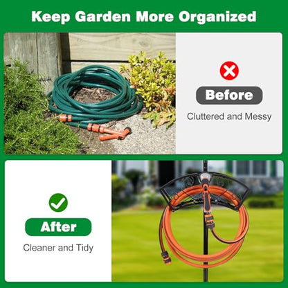 Upgraded Garden Hose Holder, Freestanding Water Hose Holder, Double Shepherds Hooks for Outdoor, Adjustable Hose Stand with 5 Spikes Heavy Duty Metal Bird Feeder Pole for Outside Yard Lawn