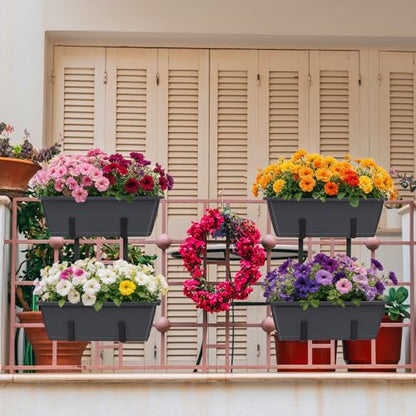 Railing Planter Box 2 Pack Rectangular Window Boxes Planters with Double Adjustable Brackets, Balcony Deck Railing Hanging Planters Herb Flower Pots for Indoor Outdoor Plants Garden Fence Rail - color: Gray