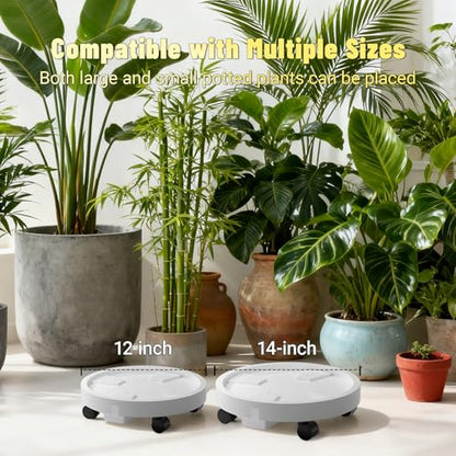 Tappio 2 Pack 14" and 12" Plant Caddy with Hidden 360°Wheels, Plant Stand Rolling Saucer with Drain Hole, Flower Pots with Removable Drainage Tray for Indoor Outdoor, Lockable Wheels