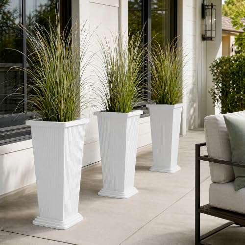 24" Set of 2 Tall Planters for Outdoor Plants, White Striped - color: Stripe White