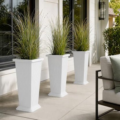 24" Set of 2 Tall Planters for Outdoor Plants, White Striped - color: Stripe White