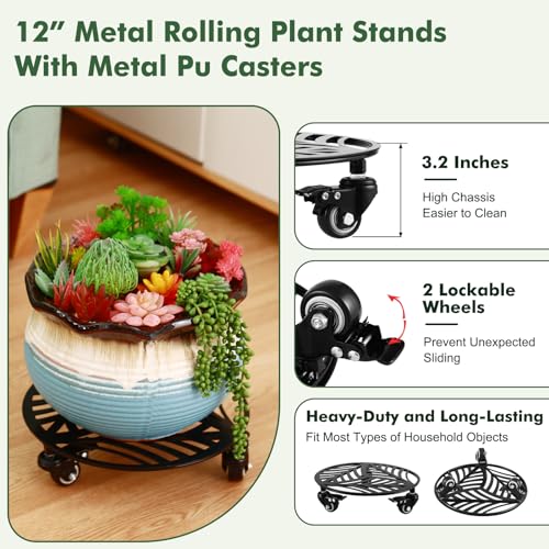2 Packs 12" Large Metal Plant Caddy with 3 PU Metal Wheels Heavy-duty Wheeled Rolling Plant Stands with Casters Indoor Outdoor Flower Pot Roller Base Planter Dolly Coaster Movers Black, Strong Load Capacity - size: 12"